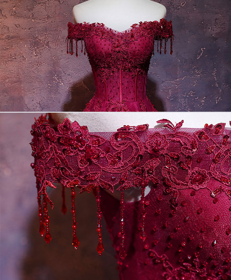 Burgundy Tulle Lace Off Shoulder Long Prom Dress Burgundy Lace Evening –  shopluu