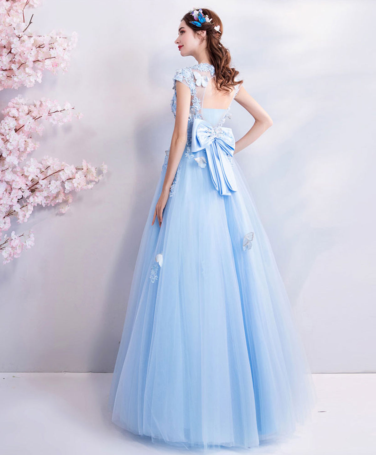 Sky Blue Lace Tulle Long Prom Dress, Blue Evening Dress
