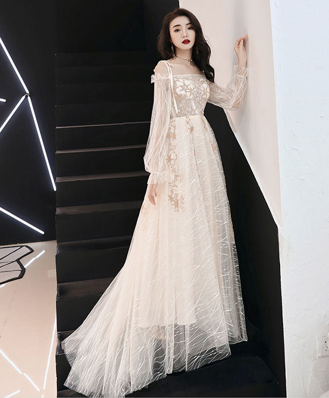 A-Line Tulle Lace Long Prom Dress, Tulle Lace Evening Dress
