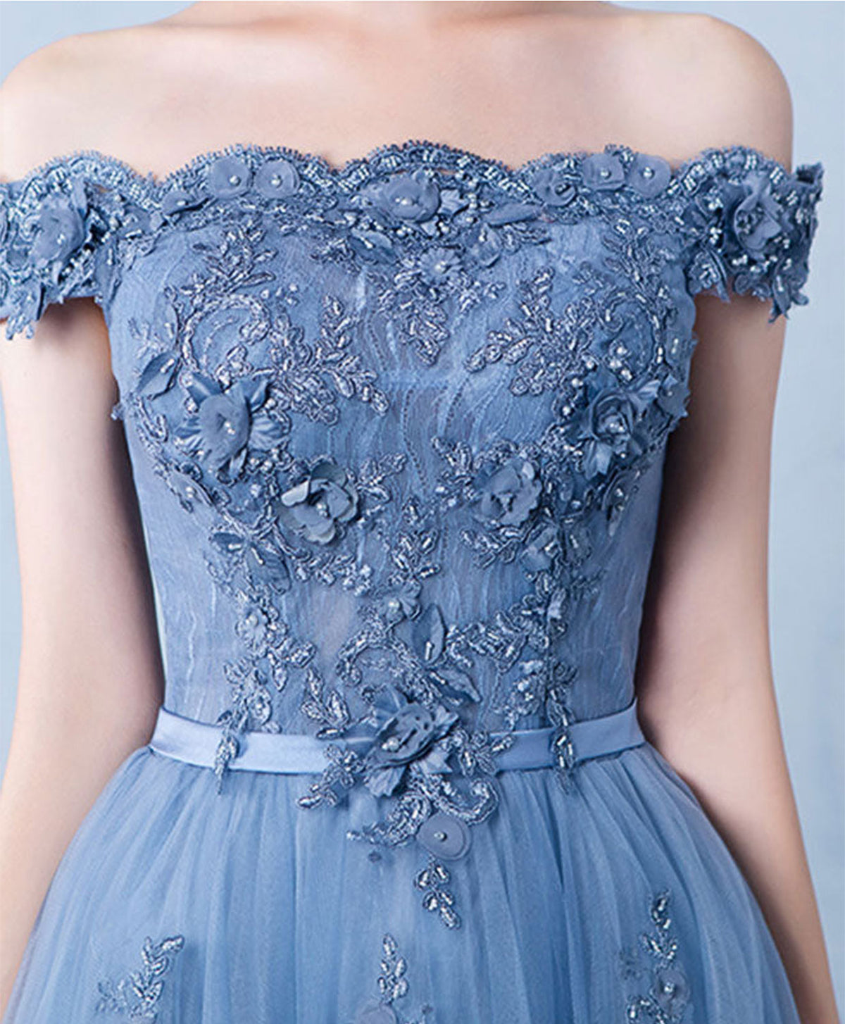 Blue Tulle Lace Off Shoulder Long Prom Dress, Bridesmaid Dress withe Beading