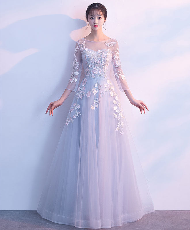 Gray Round Neck Tulle Lace Applique Long Prom Dress, Gray Evening Dres shopluu Gray Round Neck Tulle Lace Applique Long Prom Dress, Gray Evening Dres shopluu