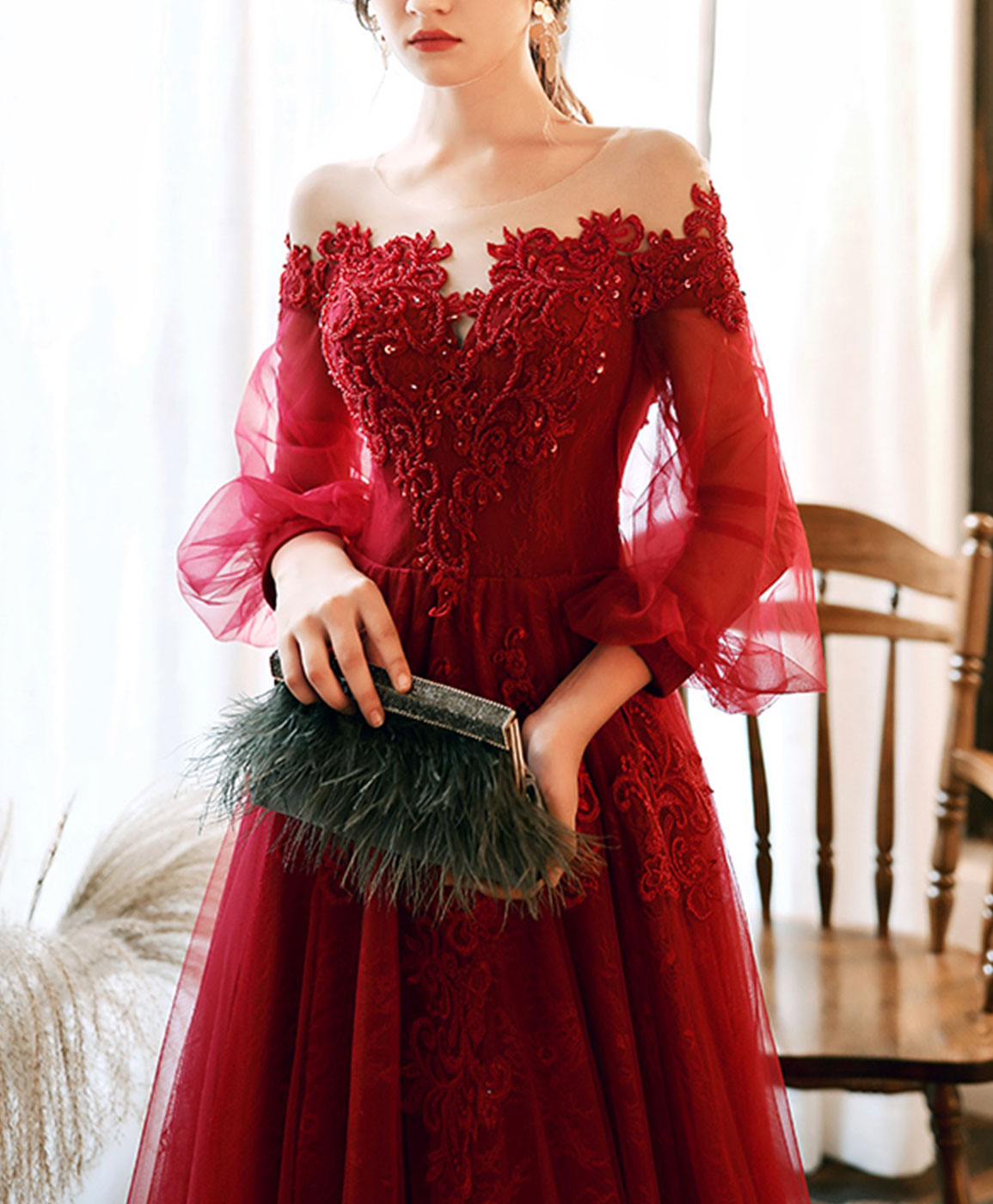 Burgundy Round Neck Tulle Beads Long Prom Dress Burgundy Evening Dress