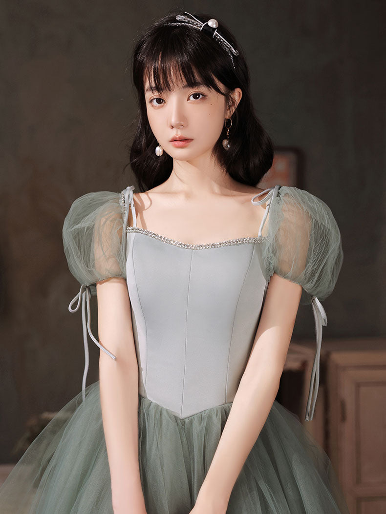 Gray Green Tulle Long Prom Dress, Green Tulle Formal Dress