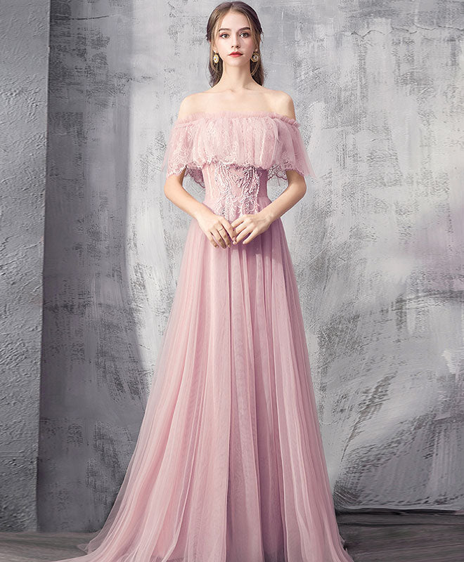 Pink Tulle Lace Long Prom Dress Pink Tulle Formal Dress
