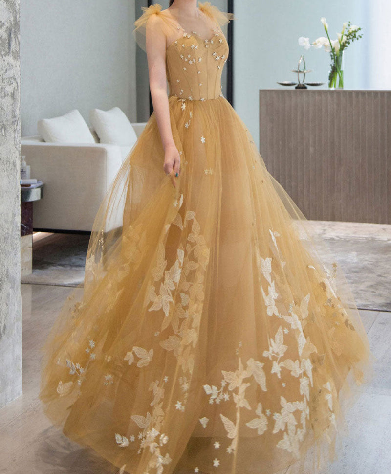Champagne Tulle Lace Long Prom Dress, Tulle Lace Evening Dress – shopluu