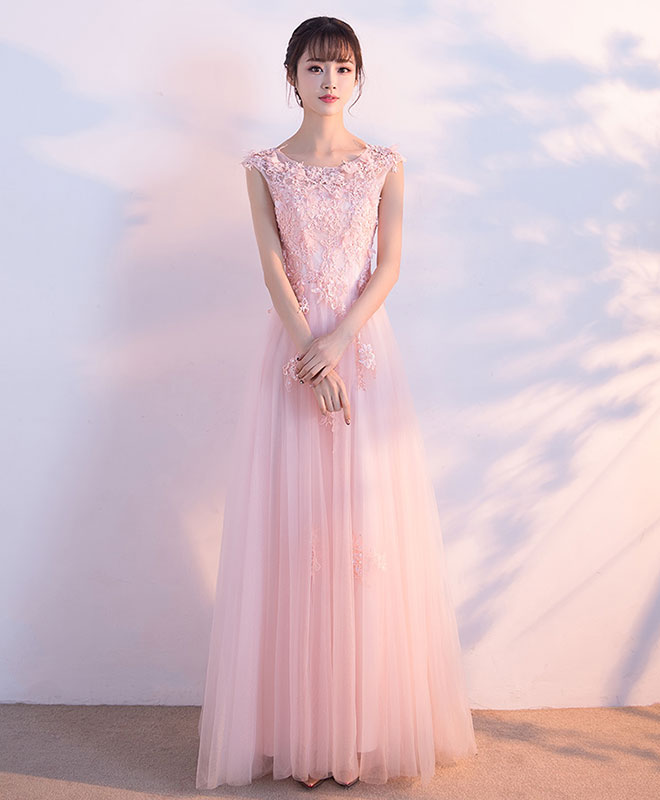 long pink prom dress Pink Round Neck Tulle Lace Long Prom Dress, Pink Tulle Evening Dress – shopluu