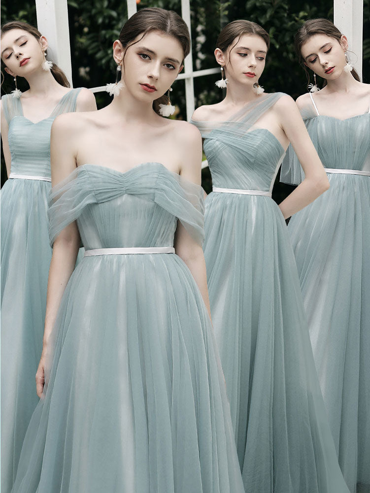 Simple A line Green Tulle Long Prom Dress, Green Tulle Bridesmaid Dresses