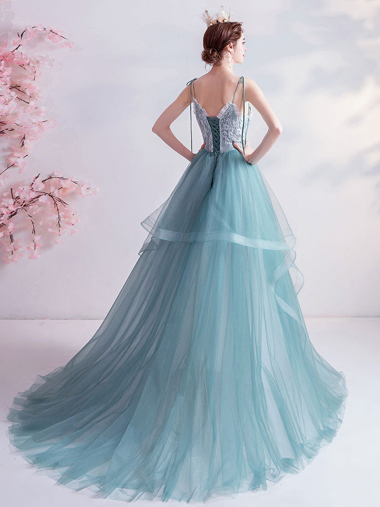 Green V Neck Tulle Lace Long Prom Dress Green Evening Dress