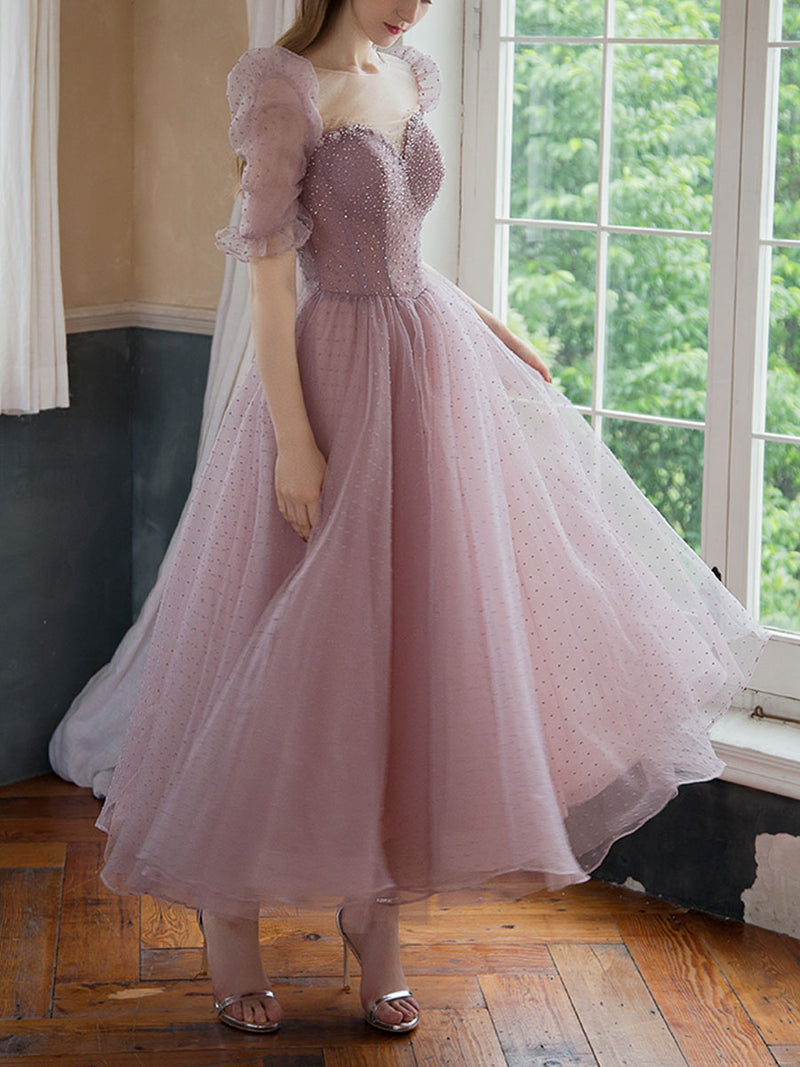 Sweetheart Tulle Beads Tea Length Pink Prom Dress, Tulle Homecoming Dress US 2 / Pink(As Picture)