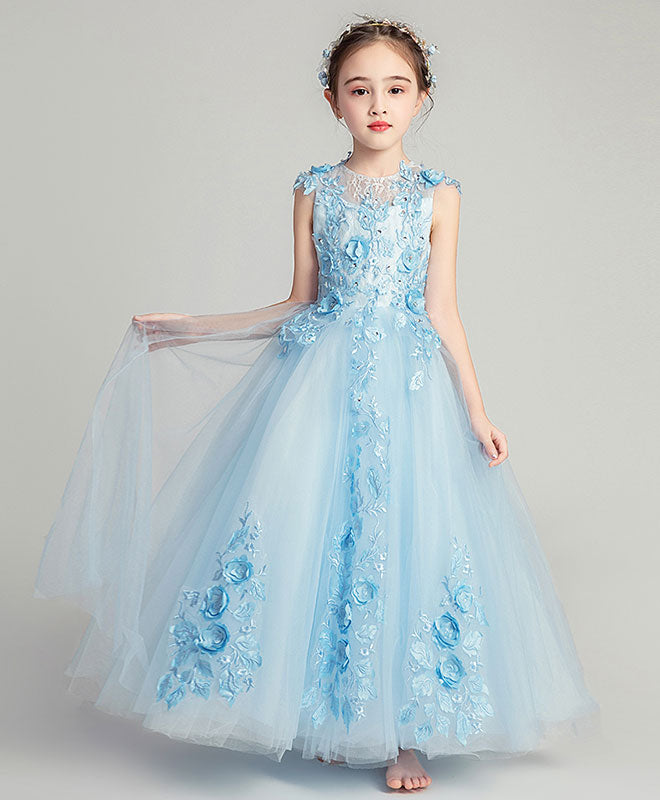 Blue Round Neck Tulle Lace Flower Girl Dress, Girl Fashion Dress shopluu Blue Round Neck Tulle Lace Flower Girl Dress, Girl Fashion Dress shopluu