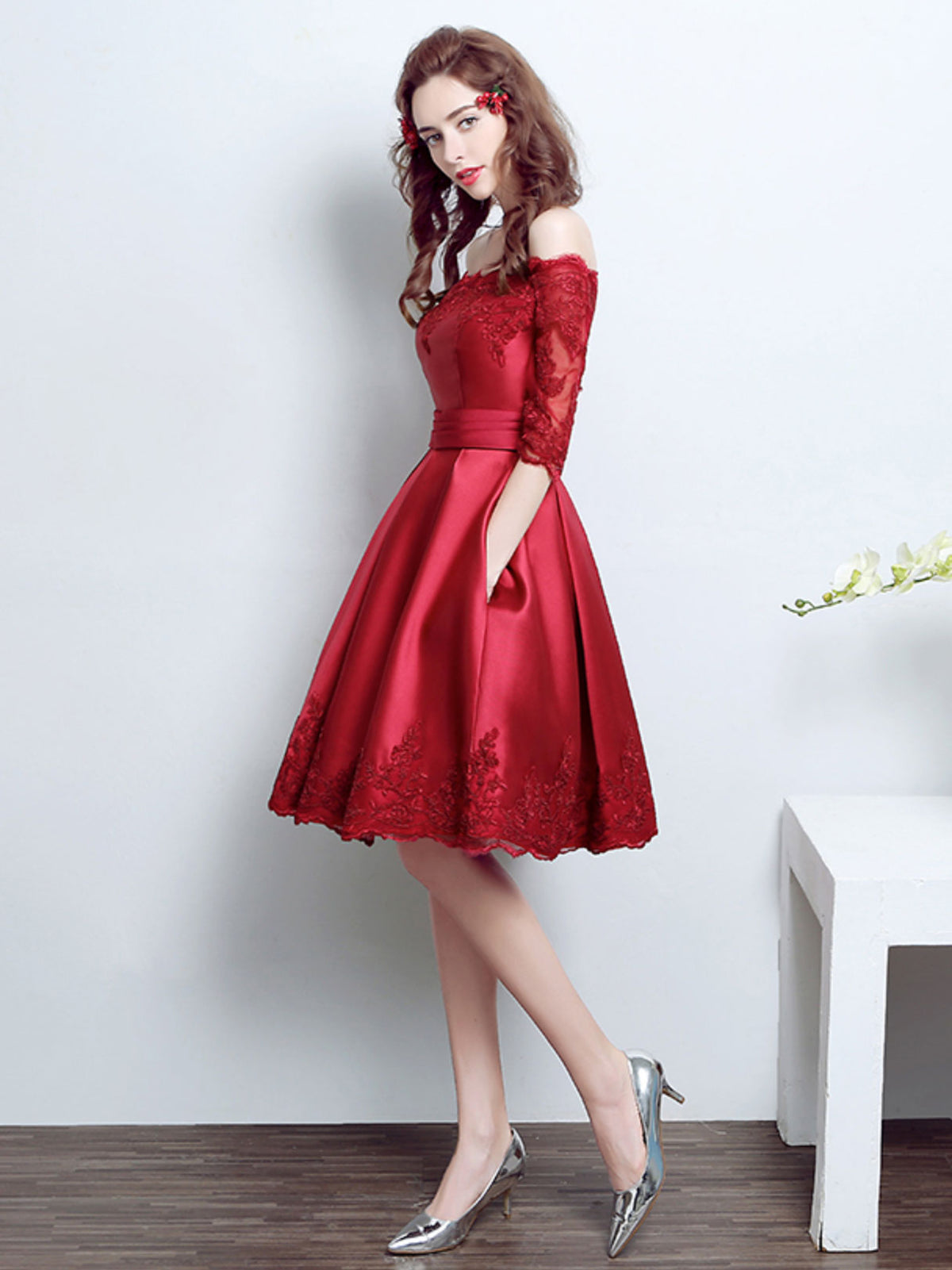 Burgundy Lace Satin Short Prom Dress, Burgundy Bridesmaid Dress