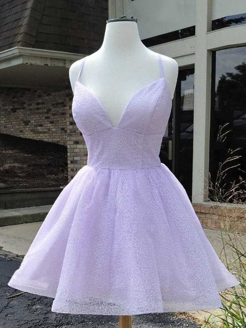 Simple Purple V Neck Tulle Short Prom Dresses, Purple Homecoming