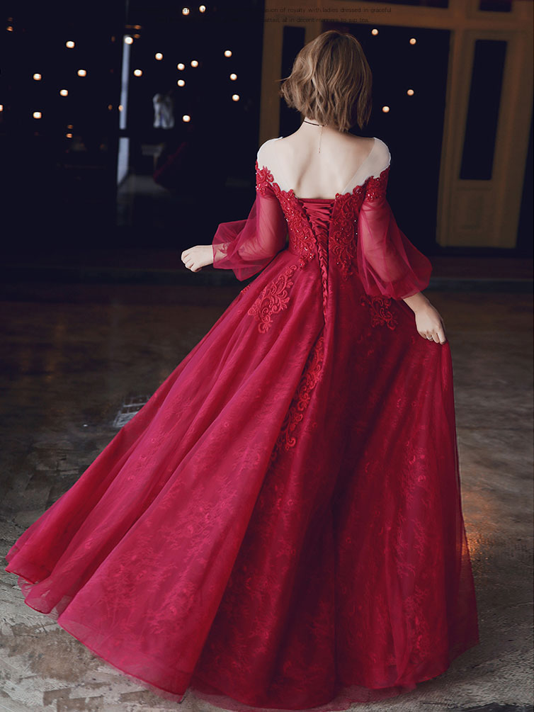 long red dress with lace sleeves Red A line Tulle Lace Long Prom Dress, Tulle Lace Evening Dress US 6 / Custom Color