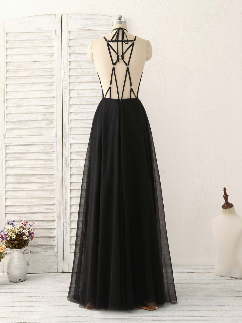 Black Tulle Backless Long Prom Dress, Black Evening Dress shopluu Black Tulle Backless Long Prom Dress, Black Evening Dress shopluu