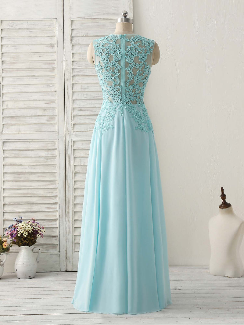 Blue Round Neck Lace Chiffon Long Prom Dress, Blue Long Formal Dresses Custom Size / Custom Color Blue Round Neck Lace Chiffon Long Prom Dress, Blue Long Formal Dresses Custom Size / Custom Color