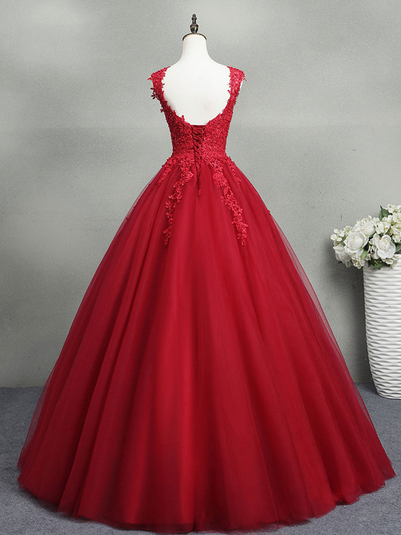 Burgundy A-Line Tulle Lace Long Prom Dress, Burgundy Formal Evening Dr