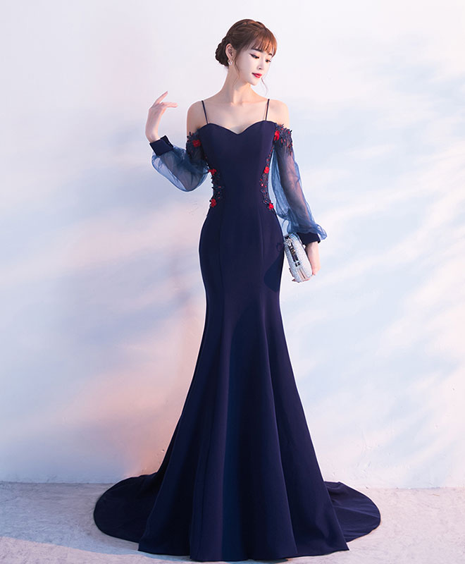 Dark Blue Lace Mermaid Long Prom Dress Blue Evening Dress