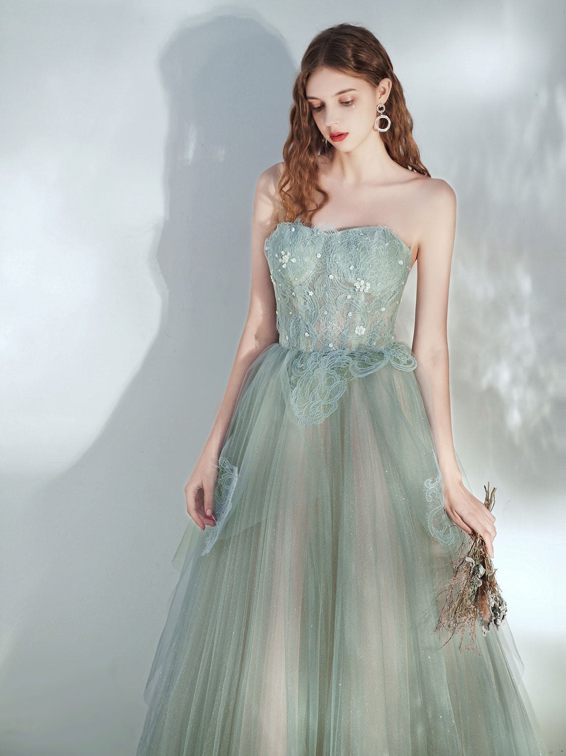 Green Tulle Lace Long Prom Dress, Green Tulle Evening Dress