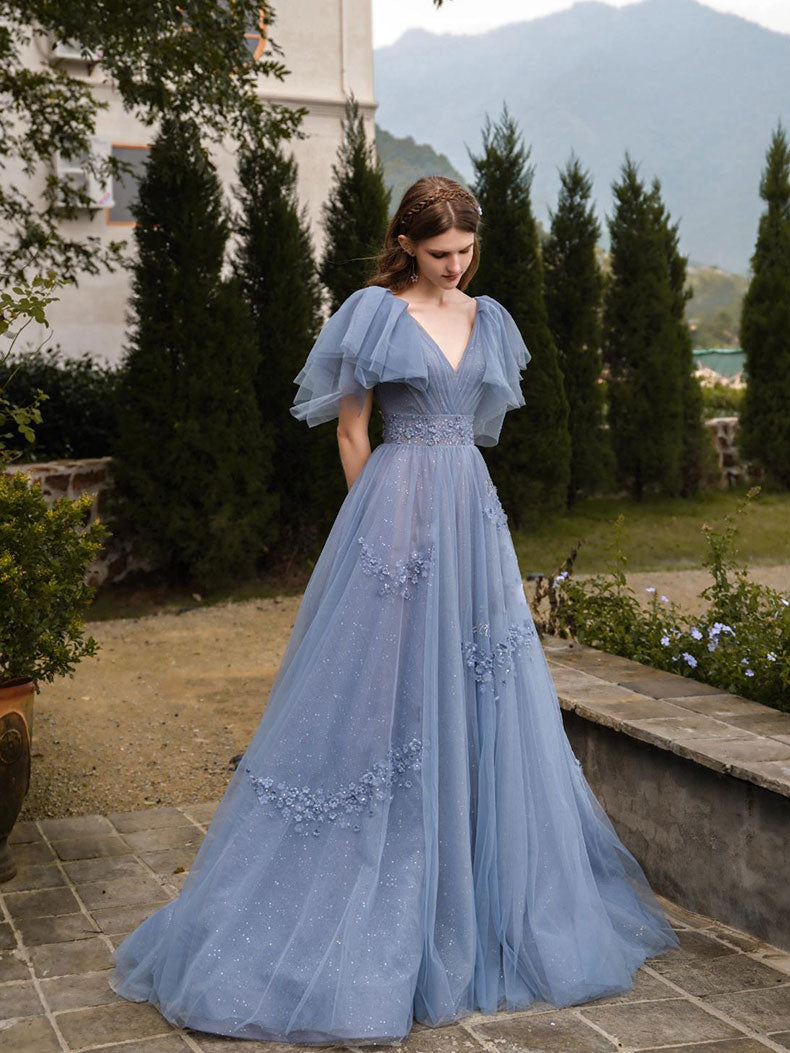 Gray Blue V Neck Tulle Sequin Long Prom Dress, Blue Formal Graduation Dresses US 2 / Custom Color Gray Blue V Neck Tulle Sequin Long Prom Dress, Blue Formal Graduation Dresses US 2 / Custom Color