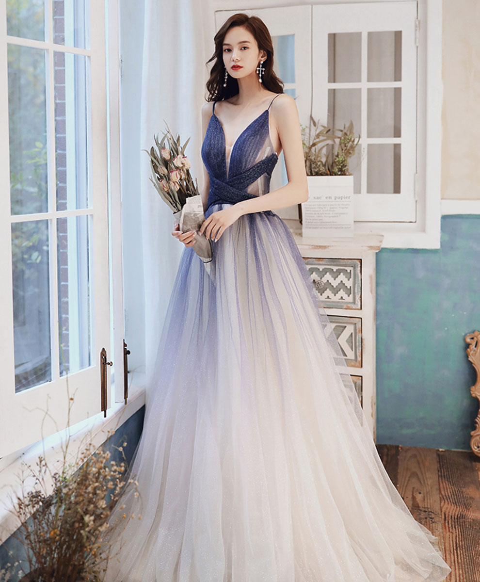 Blue V Neck Tulle Long Prom Dress Blue Tulle Evening Dress