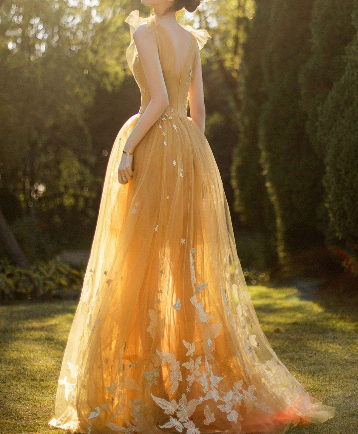 Champagne Tulle Lace Long Prom Dress, Tulle Lace Evening Dress