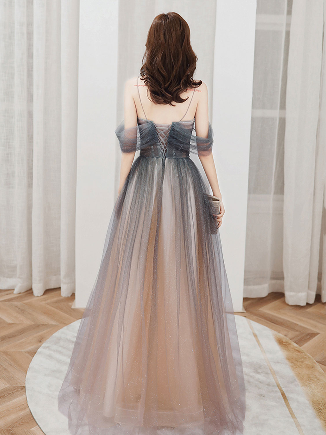Brown A line Off Shoulder Tulle Long Prom Dress, Brown Graduation Dress