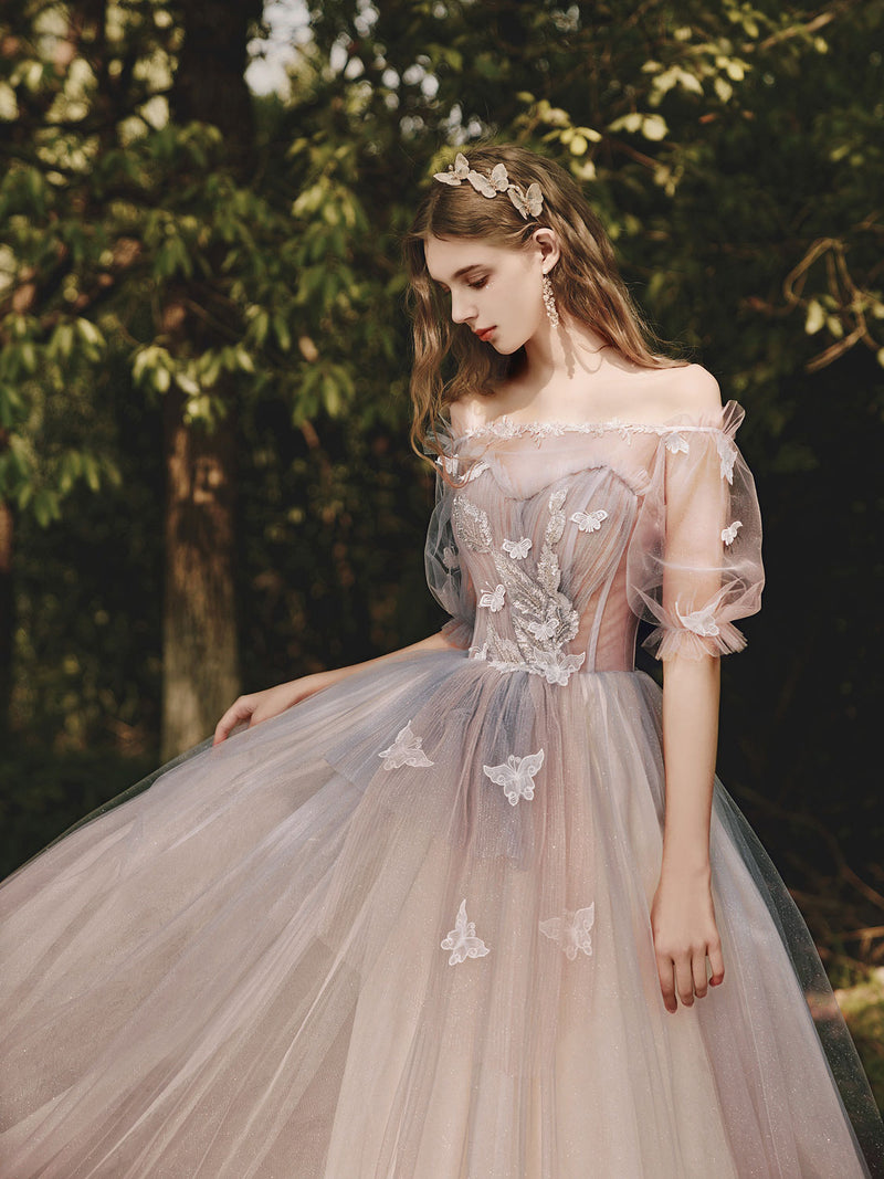 champagne tulle lace long prom dress Champagne Tulle Lace Long Prom Dress, A-Line Lace Formal Dress
