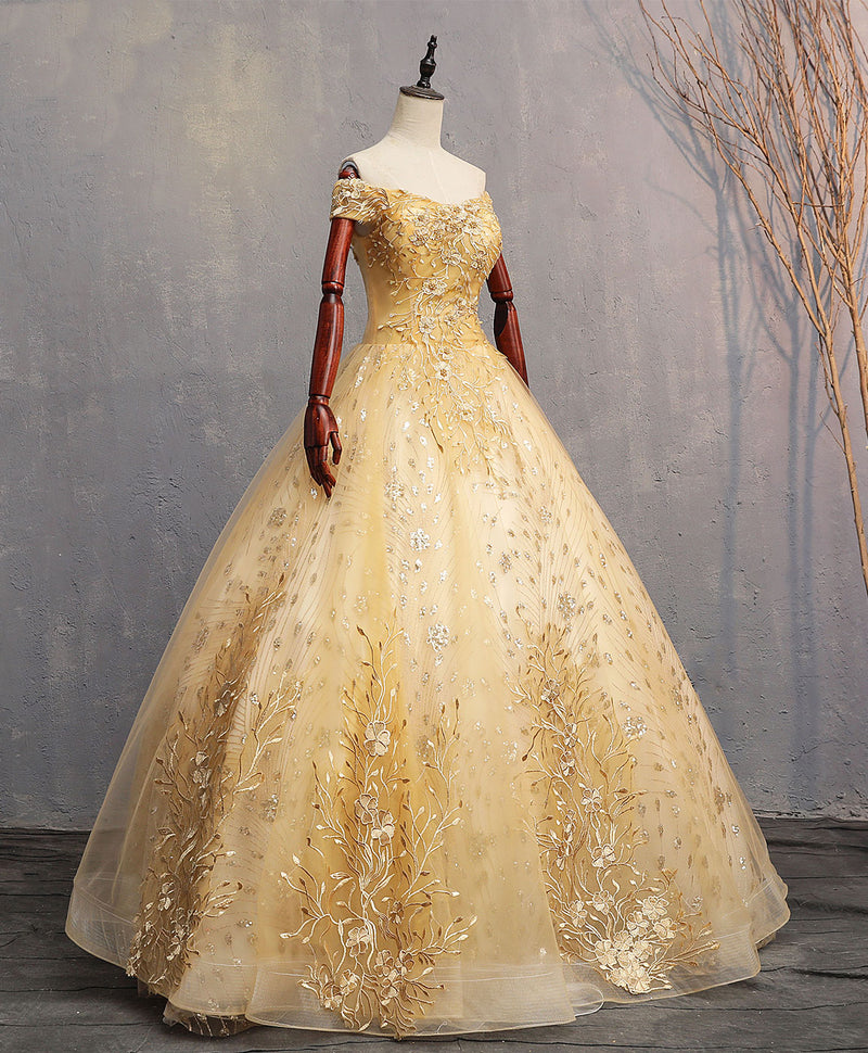 shopluu Gold Tulle Off Shoulder Lace Long Prom Dress Tulle Formal Dress US 14 / Gold