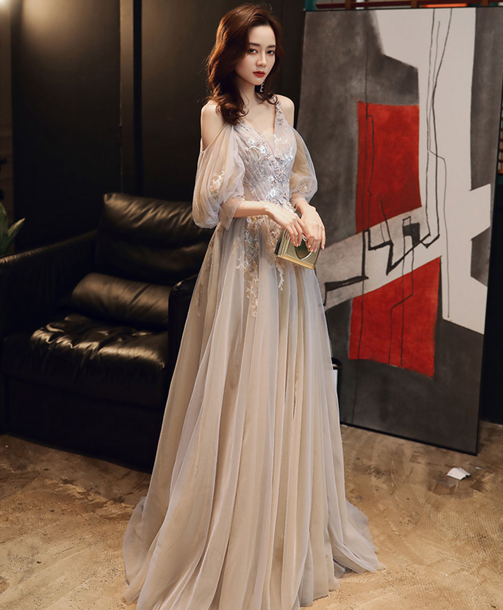 Champagne v neck tulle lace long prom dress champagne formal dress