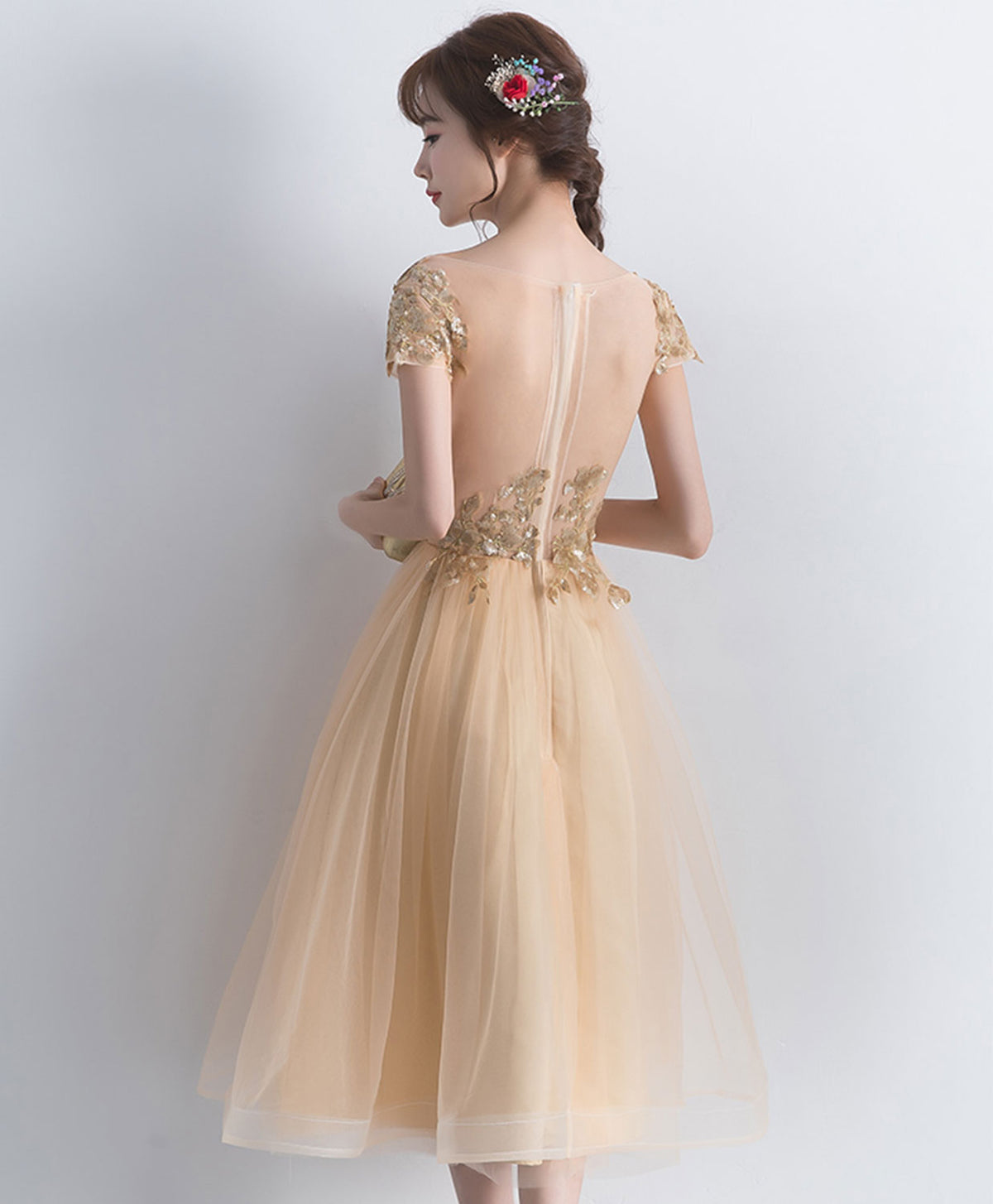 Champagne Lace Short Prom Dress, Champagne Cute Homecoming Dress