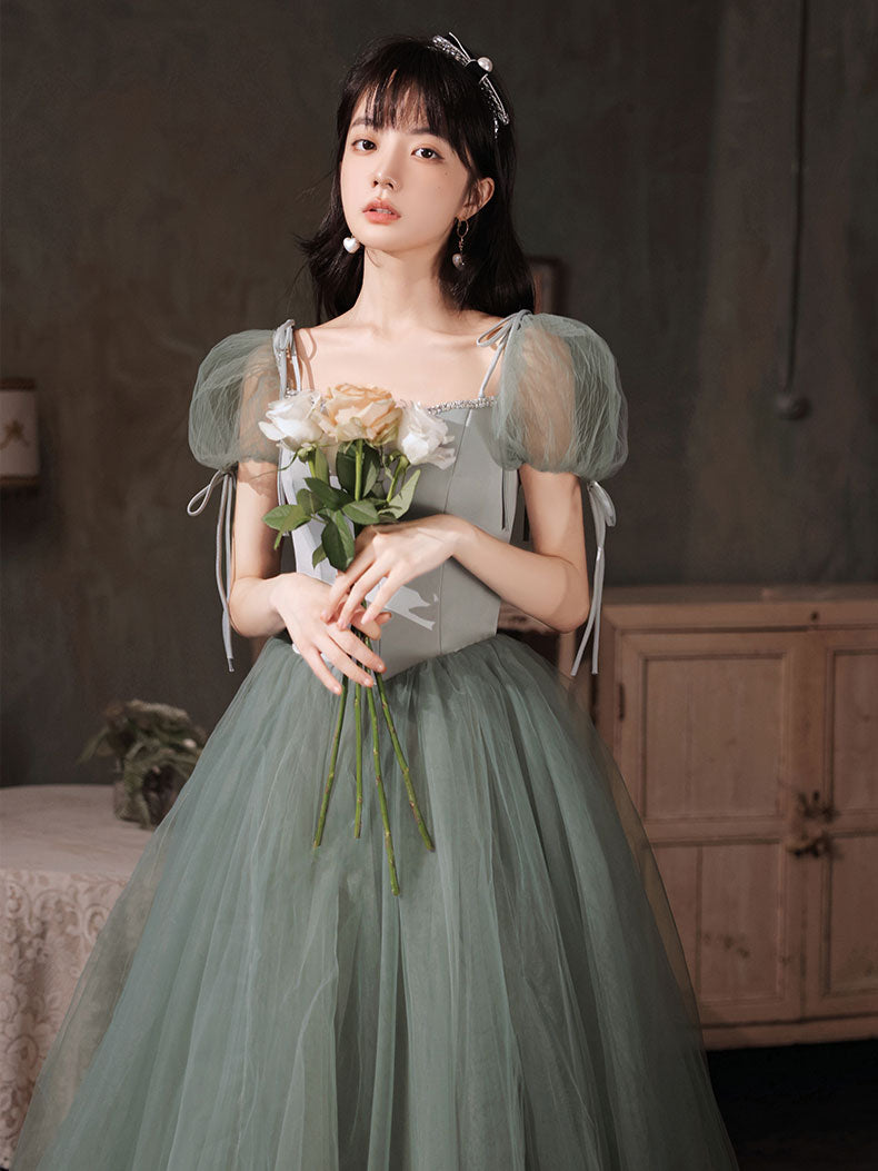 Gray Green Tulle Long Prom Dress, Green Tulle Formal Dress