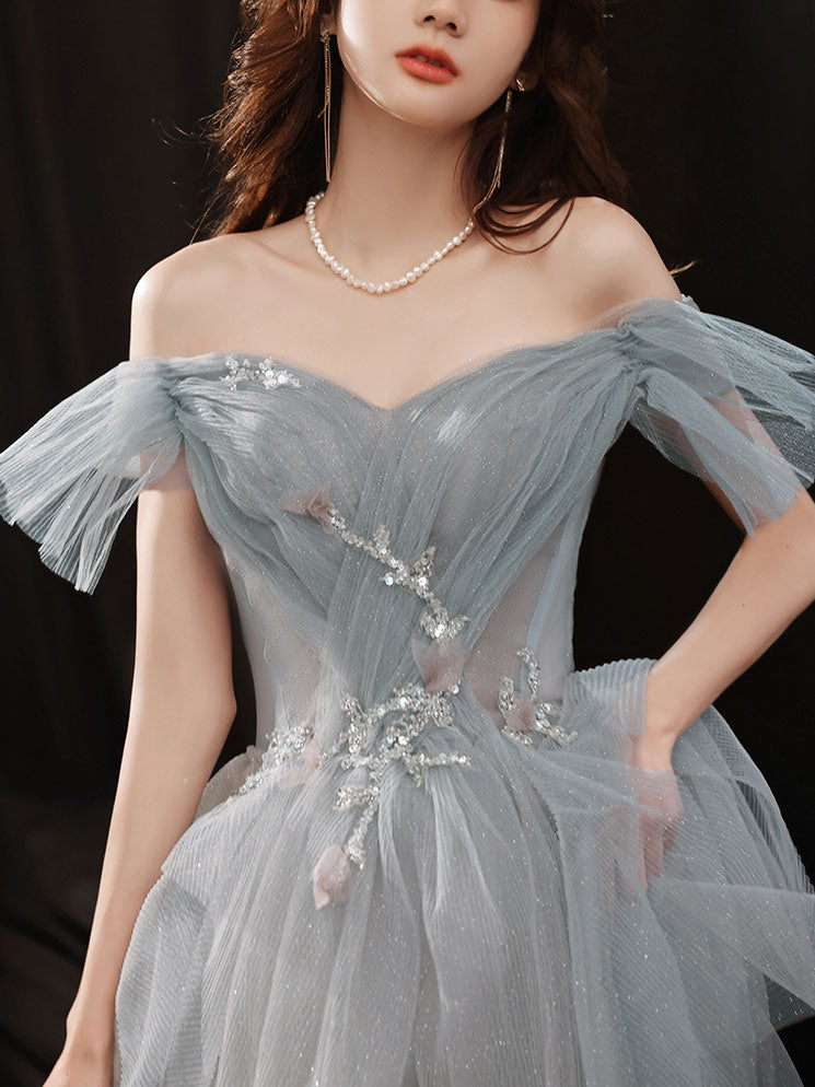 Gray Sweetheart Neck Tulle Long Prom Dress Gray Evening Dress