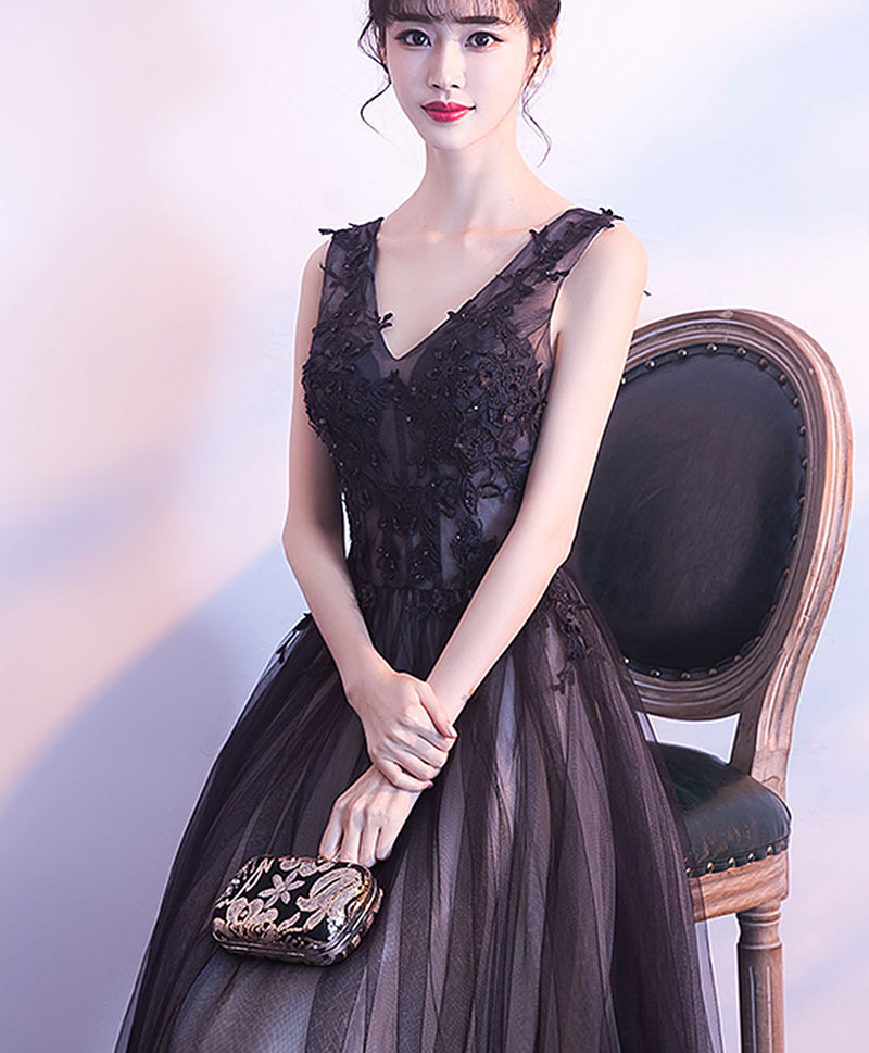 Black V Neck Tulle Lace Applique Long Prom Dress, Black Lace Bridesmaid Dress Custom Size / Custom Color Black V Neck Tulle Lace Applique Long Prom Dress, Black Lace Bridesmaid Dress Custom Size / Custom Color