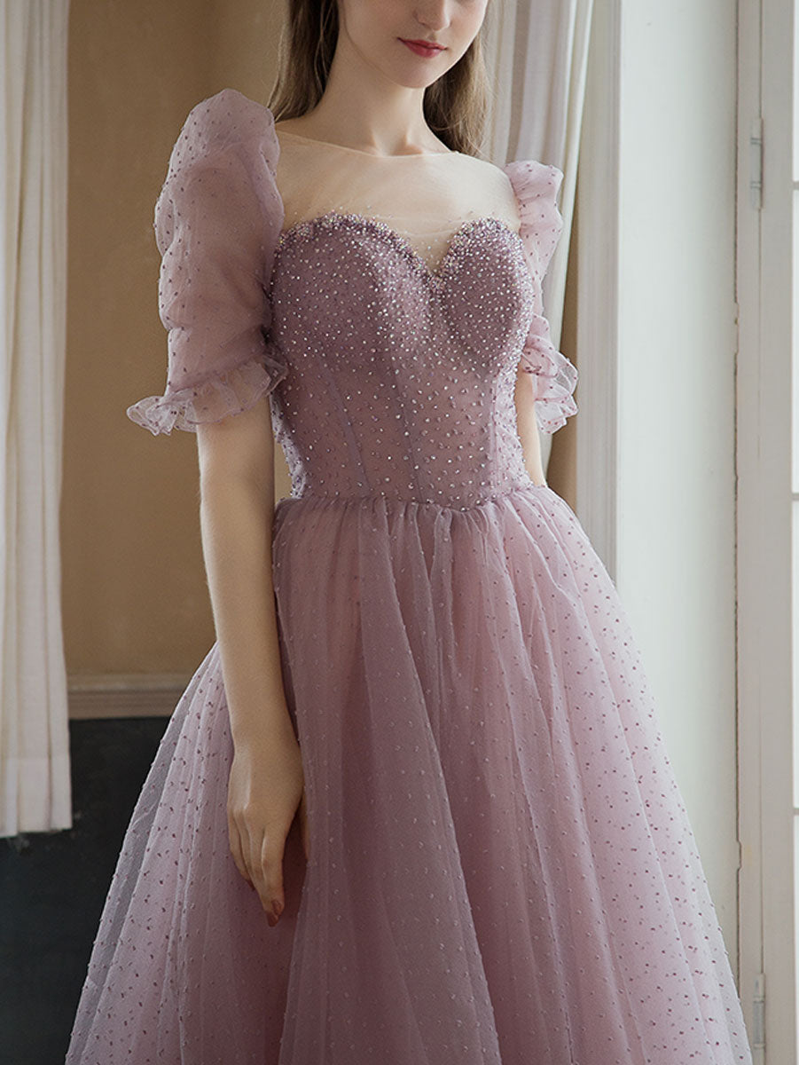 Sweetheart Tulle Beads Tea Length Pink Prom Dress, Tulle Homecoming Dress
