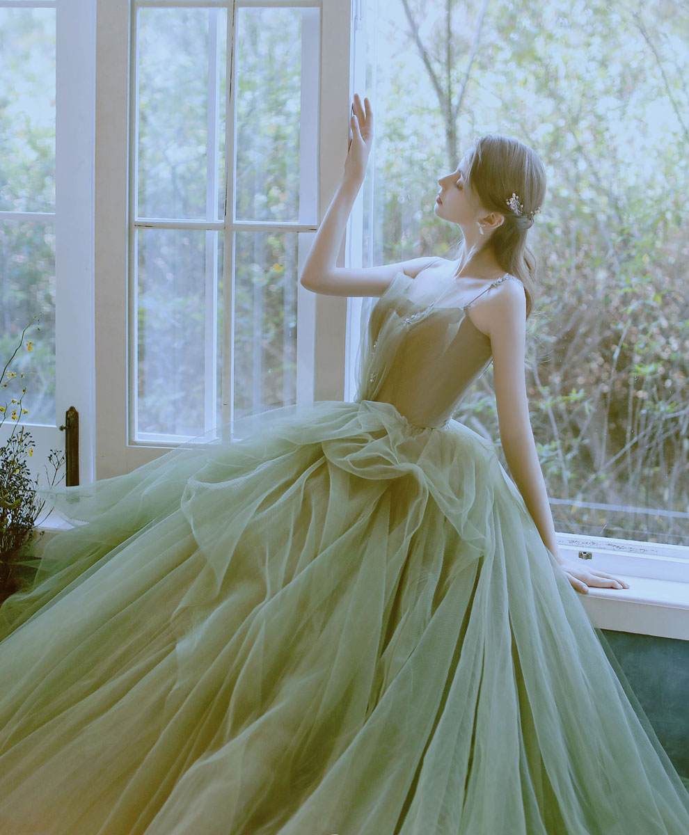 Green Tulle Lace Long Prom Dress Green Tulle Lace Formal Dress