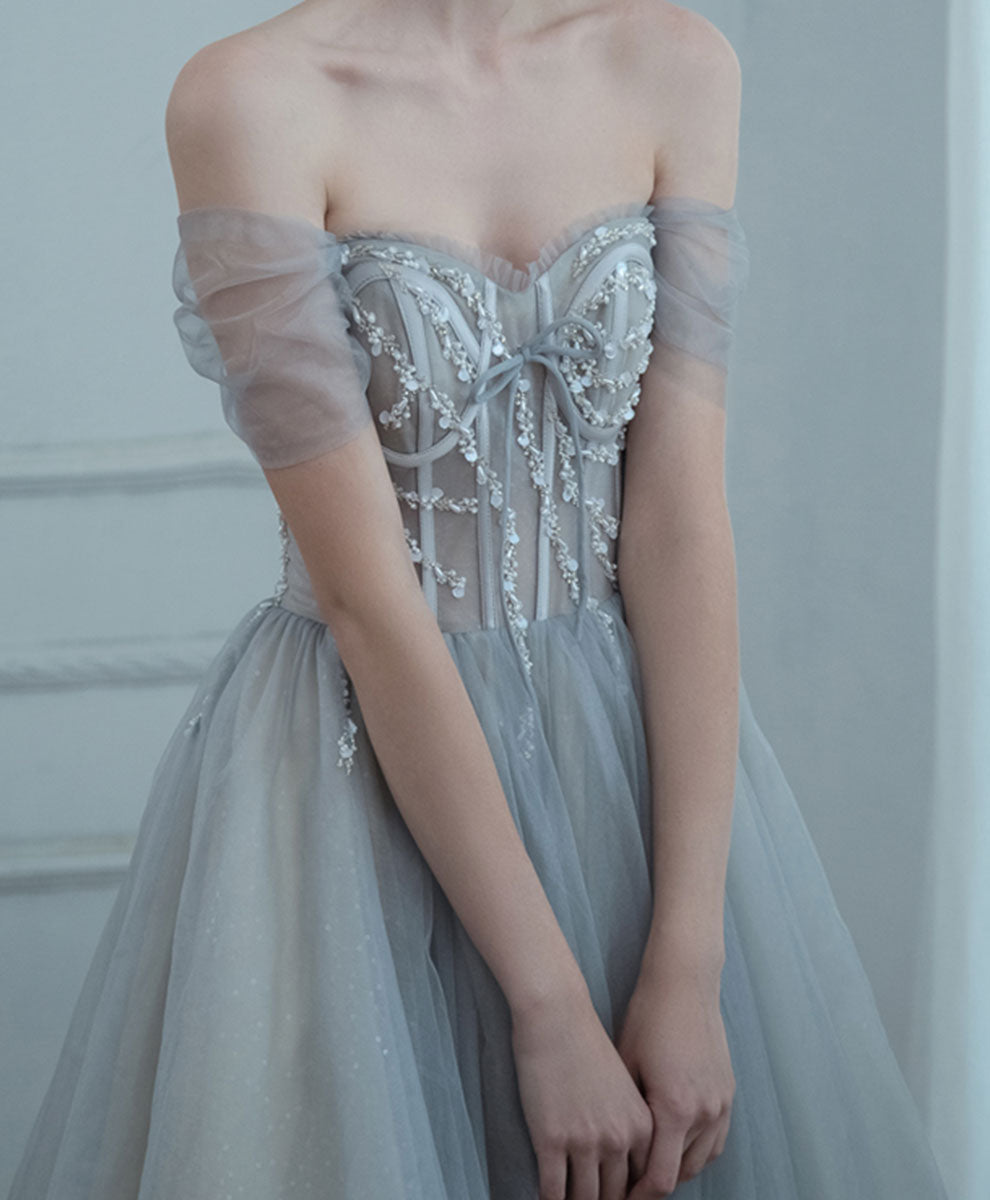 Gray Blue Long Prom Dress, Gray Blue Graduation Formal Dress with Beading