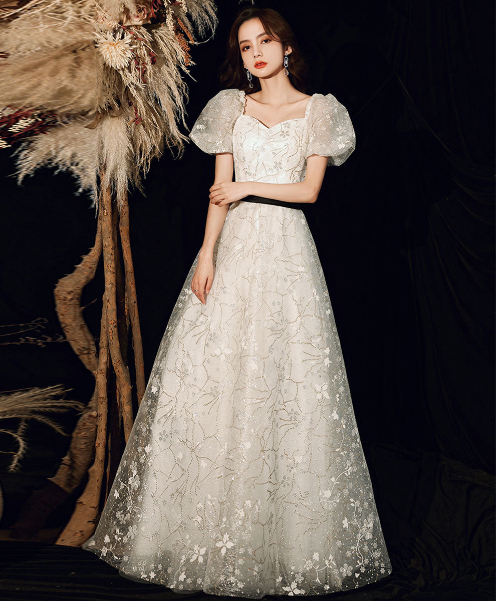 A line White Tulle Lace Sequin Long Prom Dress, White Formal Graduation Party Dress