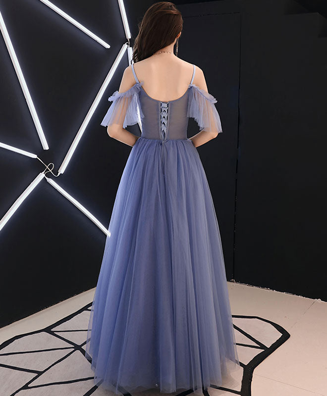 Blue V Neck Tulle Lace Long Prom Dress, Blue Tulle Evening Dress