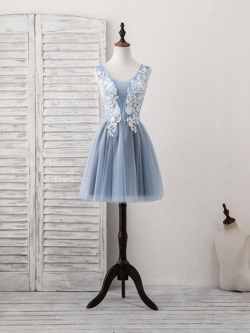 Cute Blue V Neck Tulle Lace Applique Short Prom Dress, Blue Homecoming shopluu Cute Blue V Neck Tulle Lace Applique Short Prom Dress, Blue Homecoming shopluu