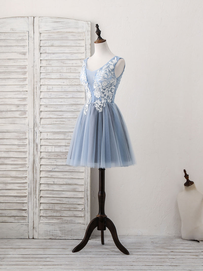 Blue Homecoming Dress 2023 Short V Neck Sleeveless Tulle Lace Appliques 16 / Custom Color Blue Homecoming Dress 2023 Short V Neck Sleeveless Tulle Lace Appliques 16 / Custom Color