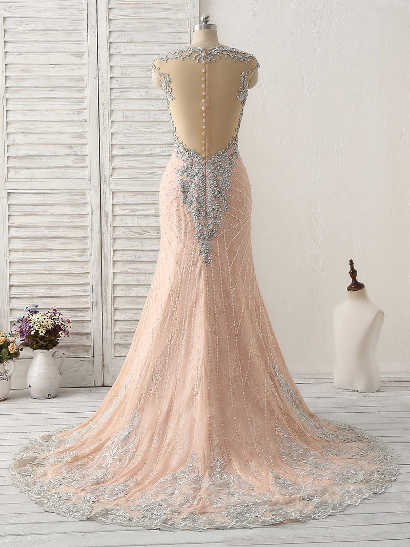 Pink Mermaid Sequin Beads Long Lace Prom Dresses, Pink Evening Dresses shopluu Pink Mermaid Sequin Beads Long Lace Prom Dresses, Pink Evening Dresses shopluu