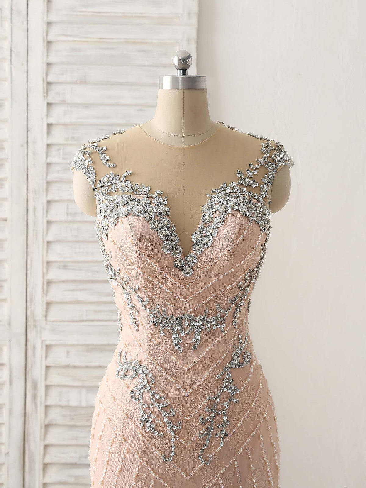 Pink Mermaid Sequin Beads Long Lace Prom Dresses, Pink Evening Dresses
