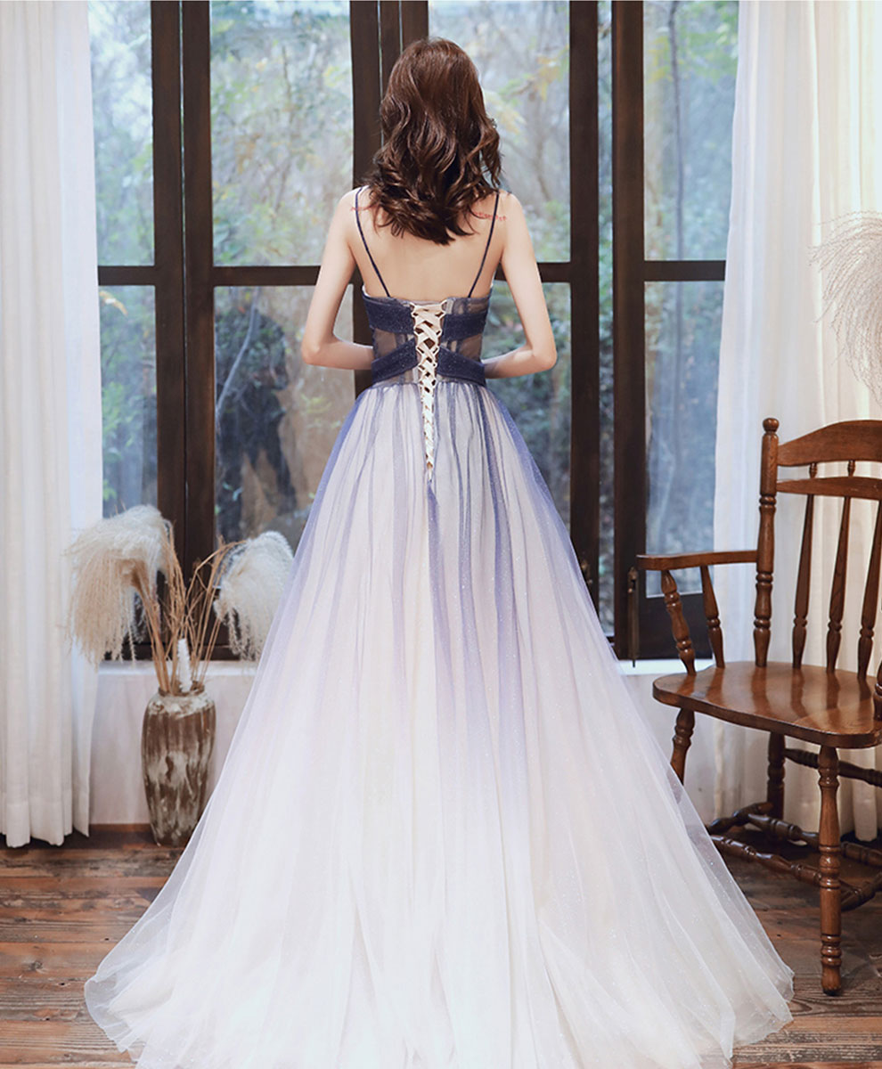 Blue V Neck Tulle Long Prom Dress Blue Tulle Evening Dress