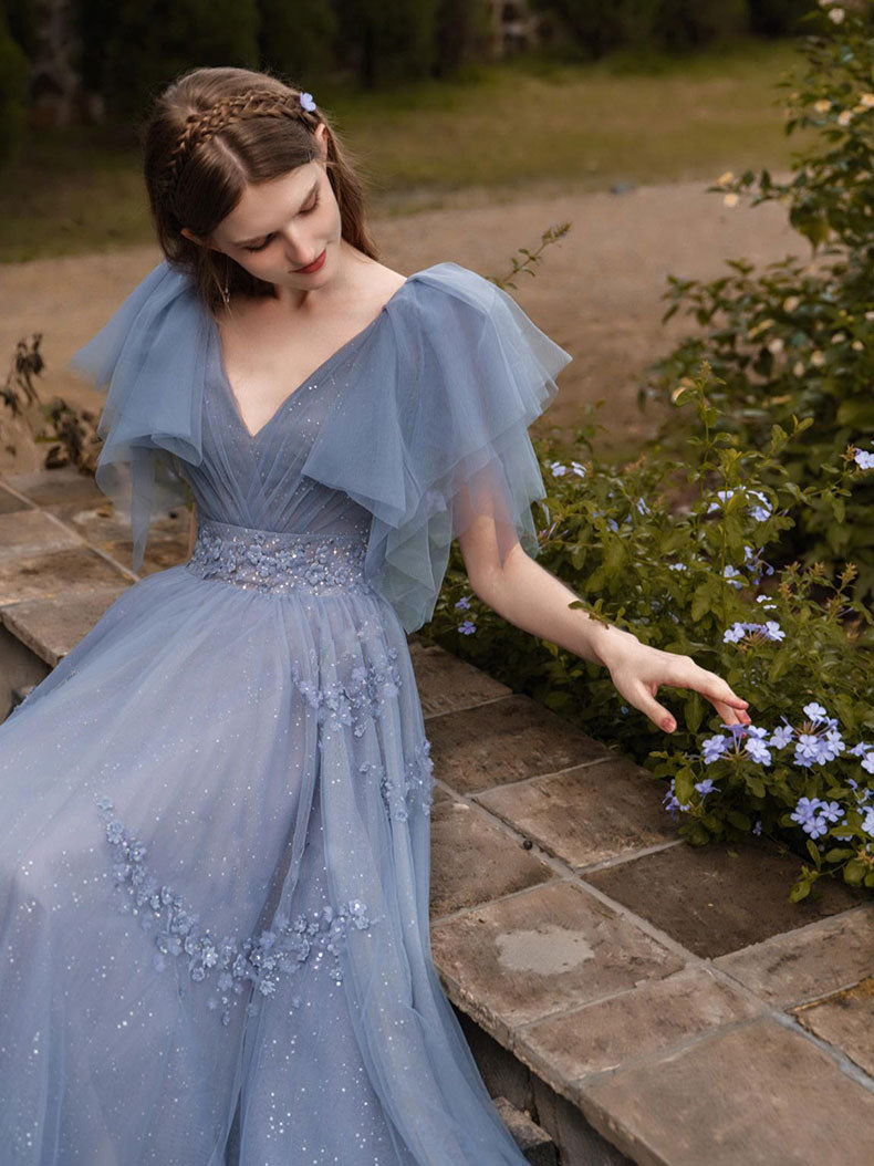 Gray Blue V Neck Tulle Sequin Long Prom Dress, Blue Formal Graduation Dresses US 2 / Custom Color Gray Blue V Neck Tulle Sequin Long Prom Dress, Blue Formal Graduation Dresses US 2 / Custom Color