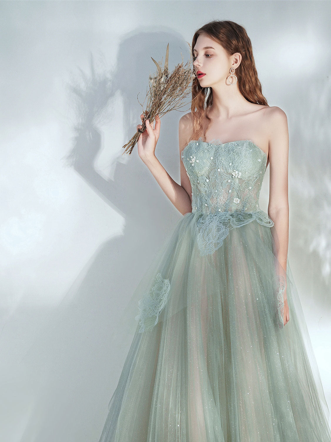Green Tulle Lace Long Prom Dress, Green Tulle Evening Dress