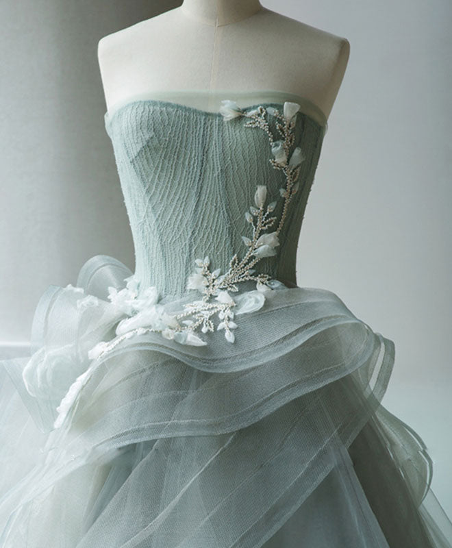 A-Line Tulle Lace Gray Green Long Prom Gown, Tulle Lace Evening Dress