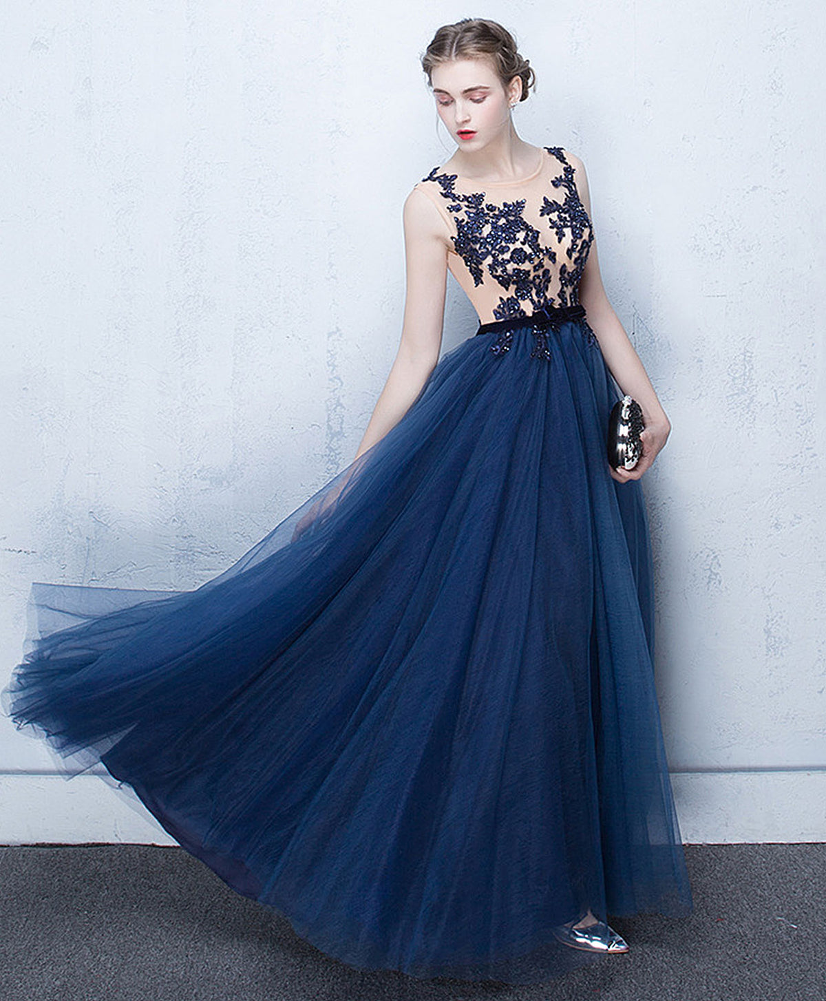Elegant Dark Blue Tulle Lace Long Prom Dress, Blue Evening Dress