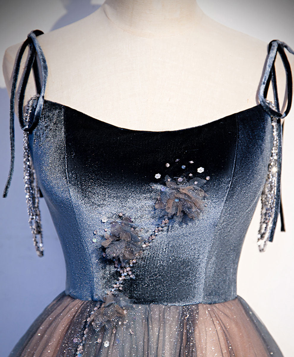 Blue Tulle Sequin Long Prom Dress Blue Tulle Formal Dress