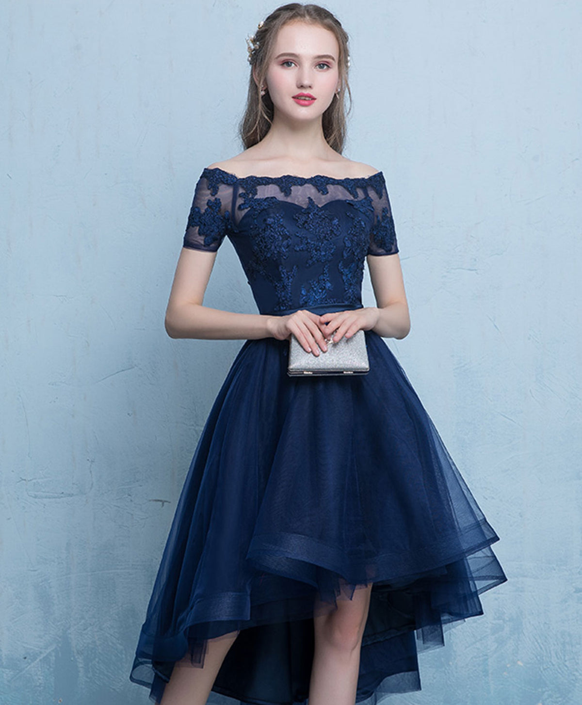 Dark Blue Lace Tulle Short Prom Dress, High Low Evening Dress