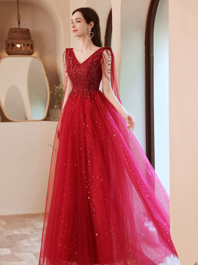 Burgundy V Neck Tulle Lace Beads Long Prom Dress, Burgundy Evening Dre shopluu Burgundy V Neck Tulle Lace Beads Long Prom Dress, Burgundy Evening Dre shopluu